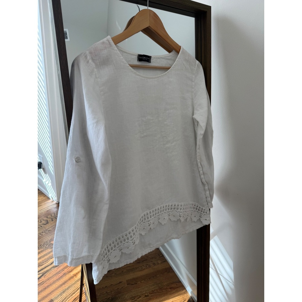 Terzo Millennio White 100% Linen Crochet Trim Roll Tab Sleeve Blouse Italy Small